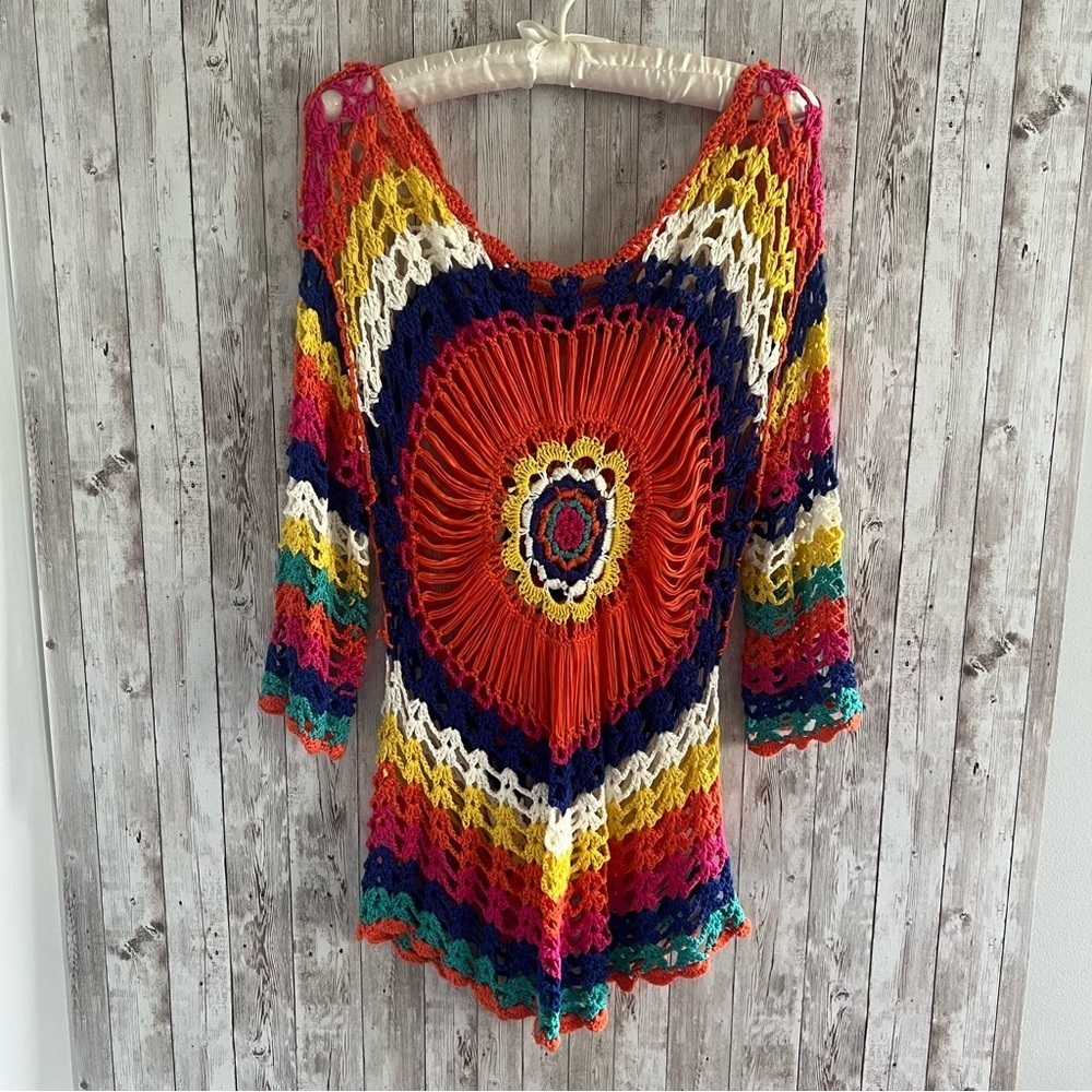 Crochet Sunburst Mini Dress Cover Up Multicolor Knit